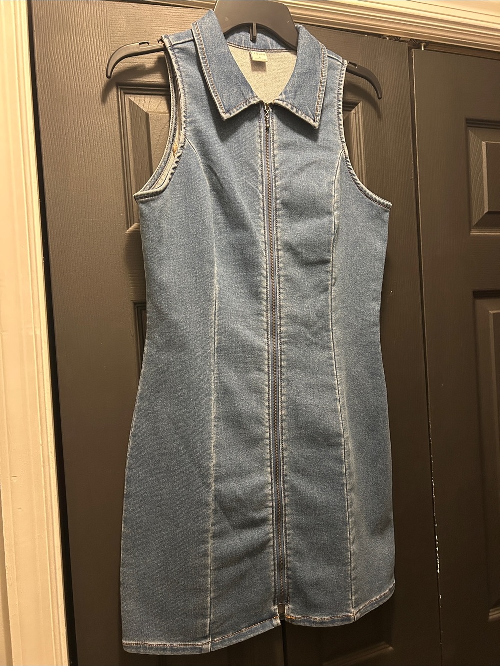 Sleeveless Light Blue Denim Zip-Front Dress - Size L
